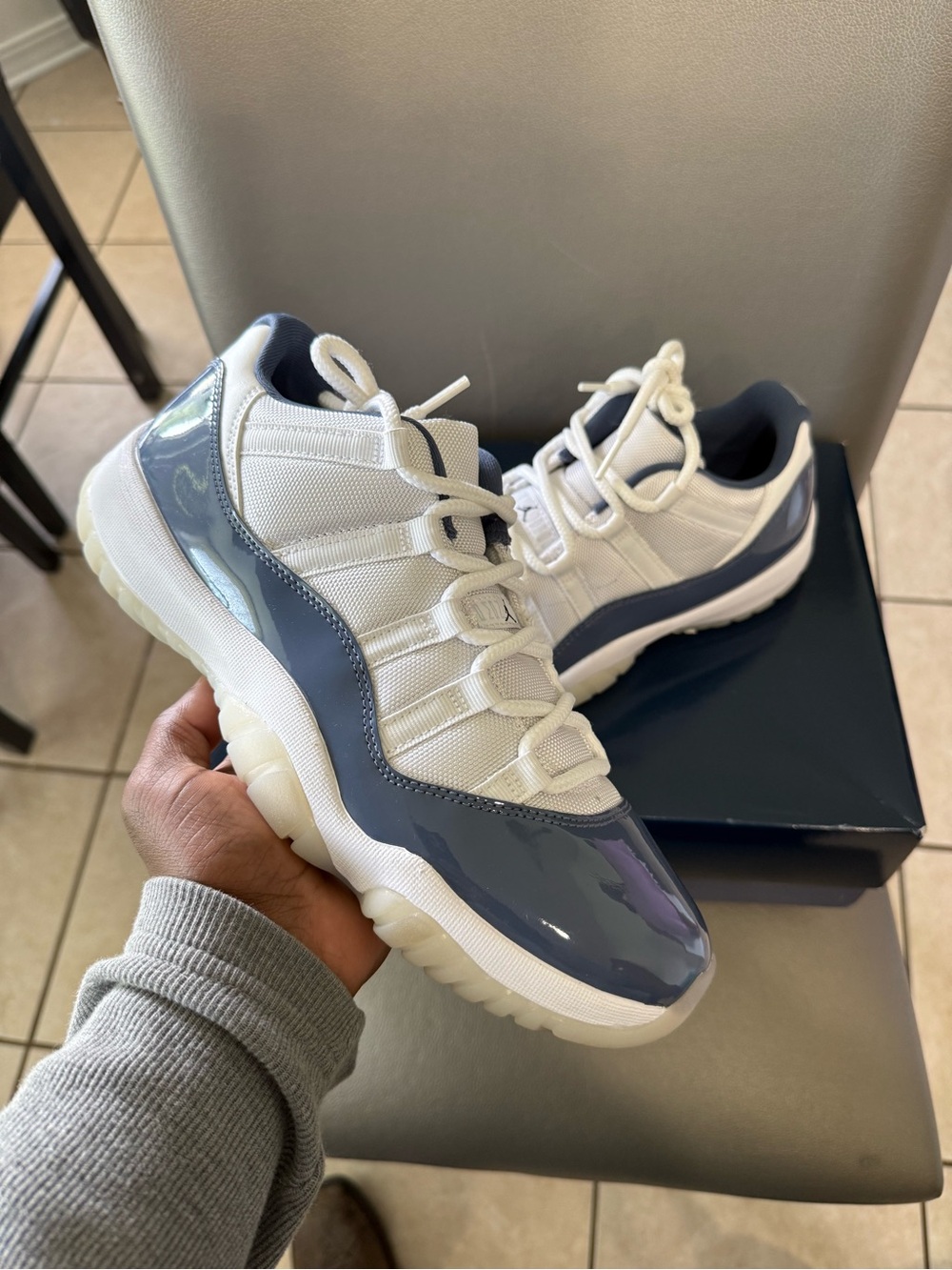 Jordan 11 Low White Navy Patent Leather Sneakers